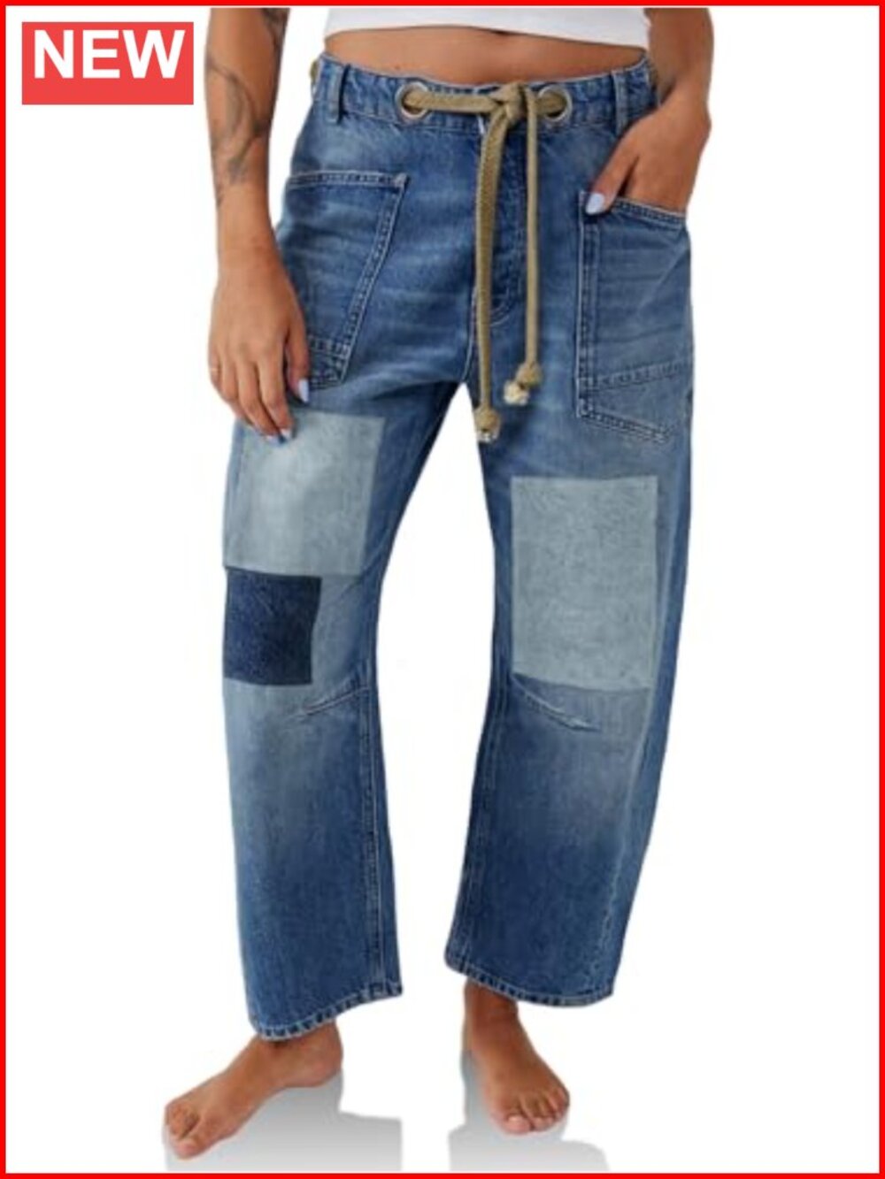 Womens Baggy Barrel Horseshoe Jeans Low Rise Wide Leg Denim Pants with Pockets